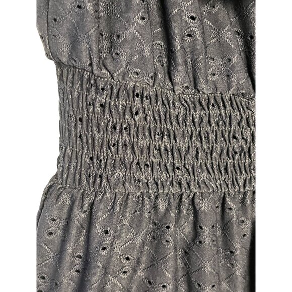 Navy Off-Shoulder Smocked Mini Dress Eyelet Design Ruffled Neckline Lace Hem  M - Picture 7 of 16